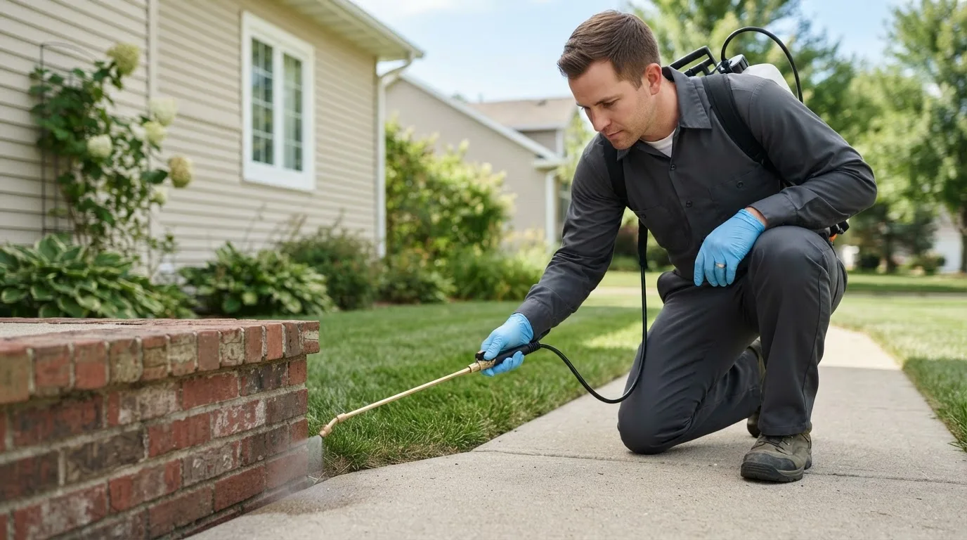 Pest control technician treating a home near Grand Valley, PA
